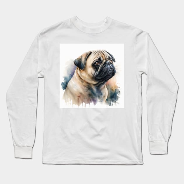 Pug Watercolour Style Painting Long Sleeve T-Shirt by TheArtfulAI